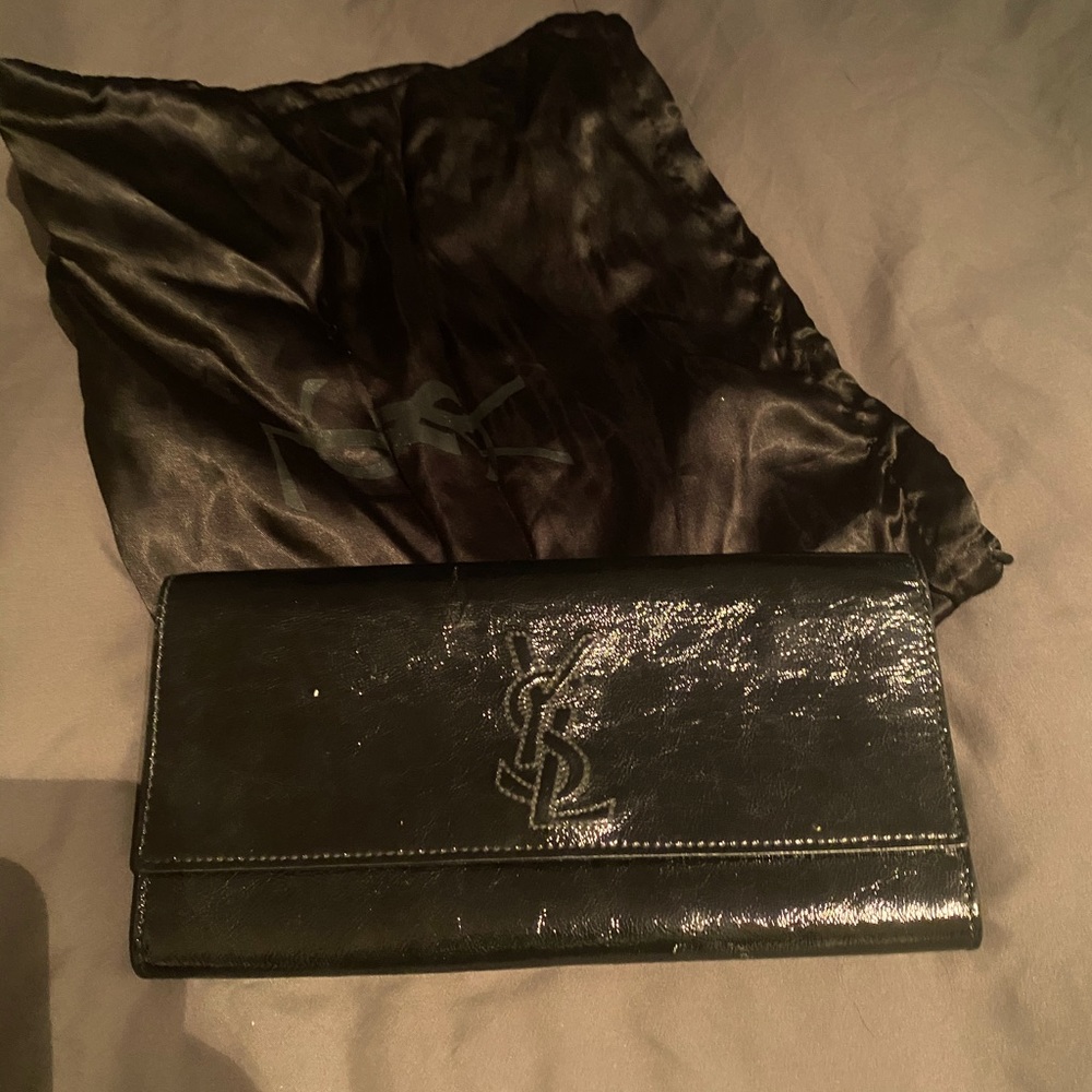YSL black patent leather clutch